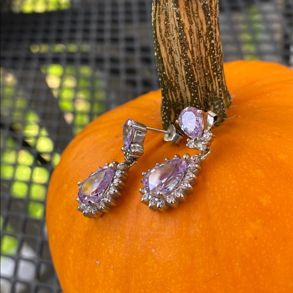 Sterling Silver 925 Purple and Clear Stone Dangle Earrings - Picture 14 of 16
